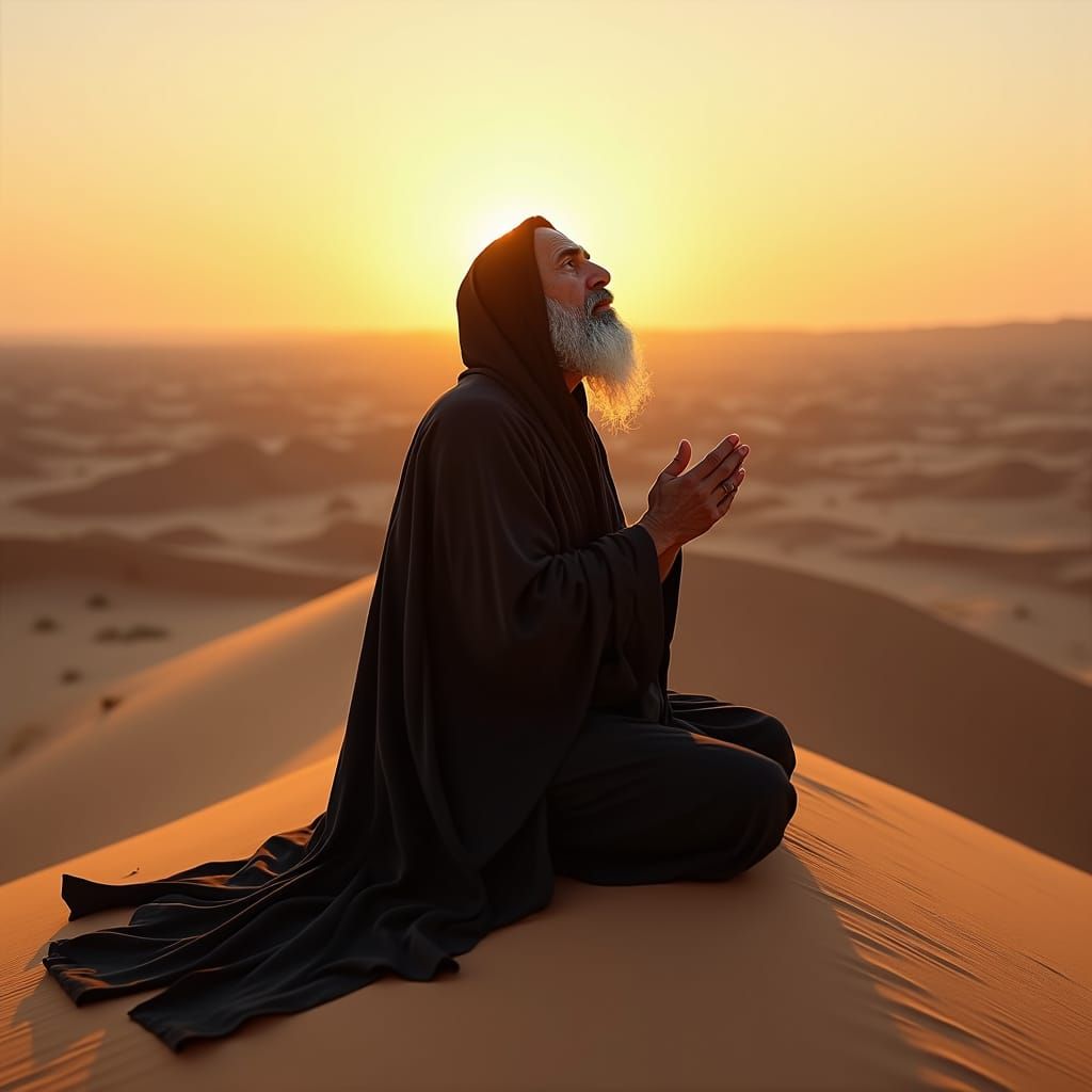 Desert Hermit Praying at Sunset