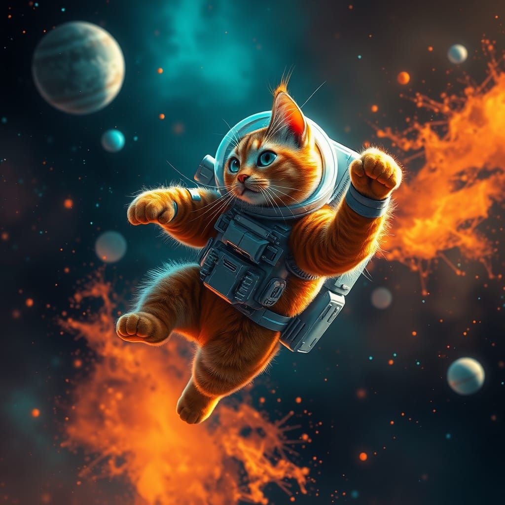 Cosmic Feline Voyager in Vibrant Triadic Colors