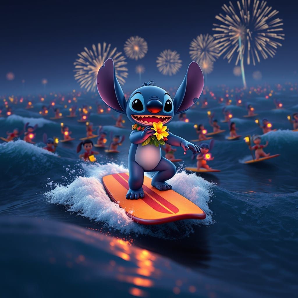 Disney's Stitch Surfs Under Tiki Lights