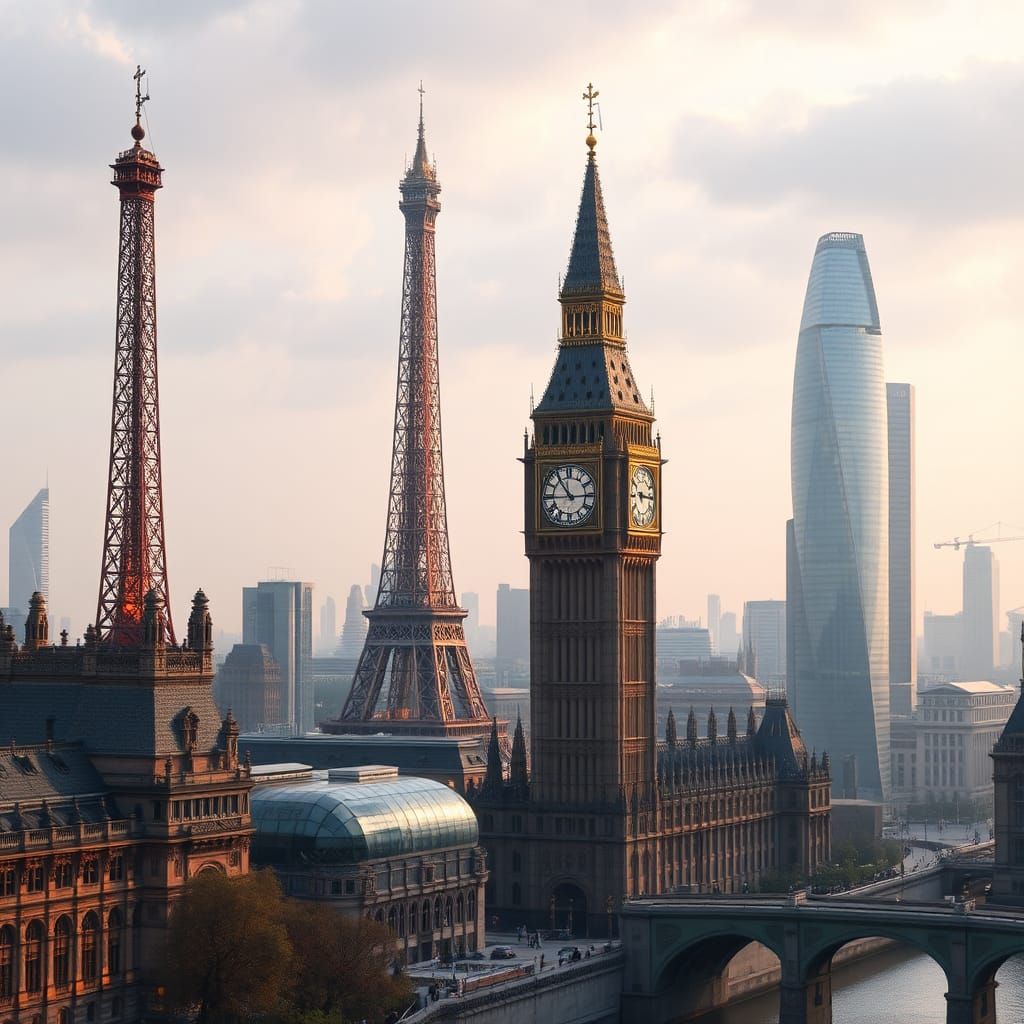 Eiffel Tower and Big Ben in Future City