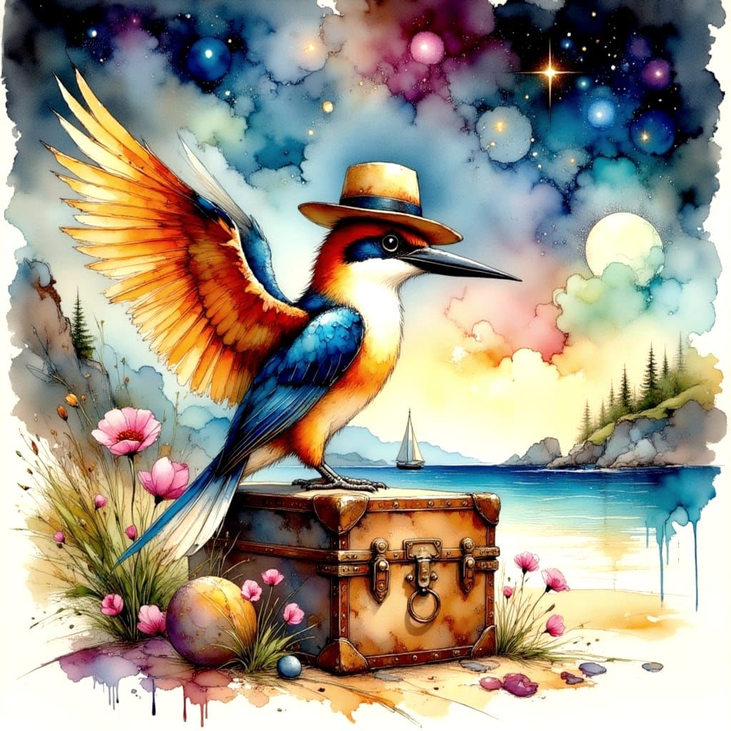 Vibrant Kookaburra in Sailor's Hat on Starry Beach