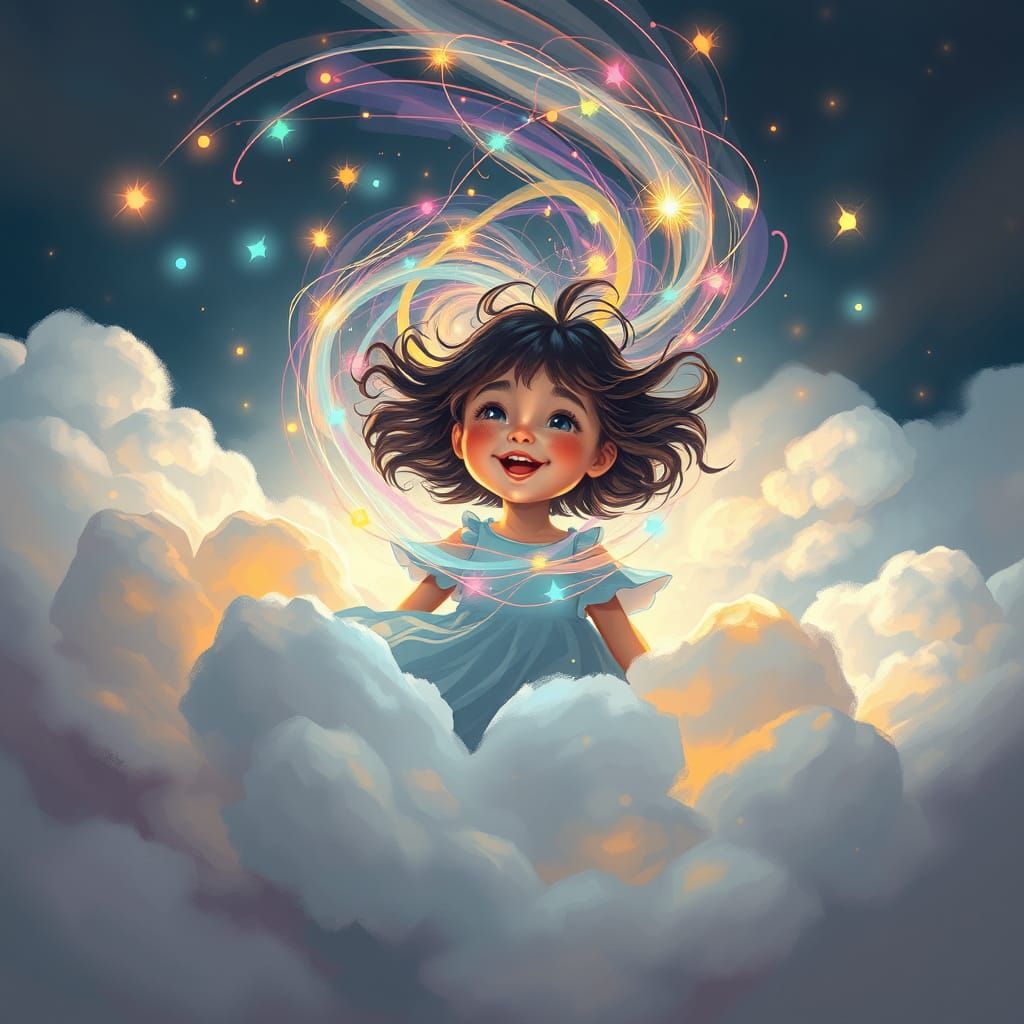 Whimsical Girl in a Tornado of Colorful Lights