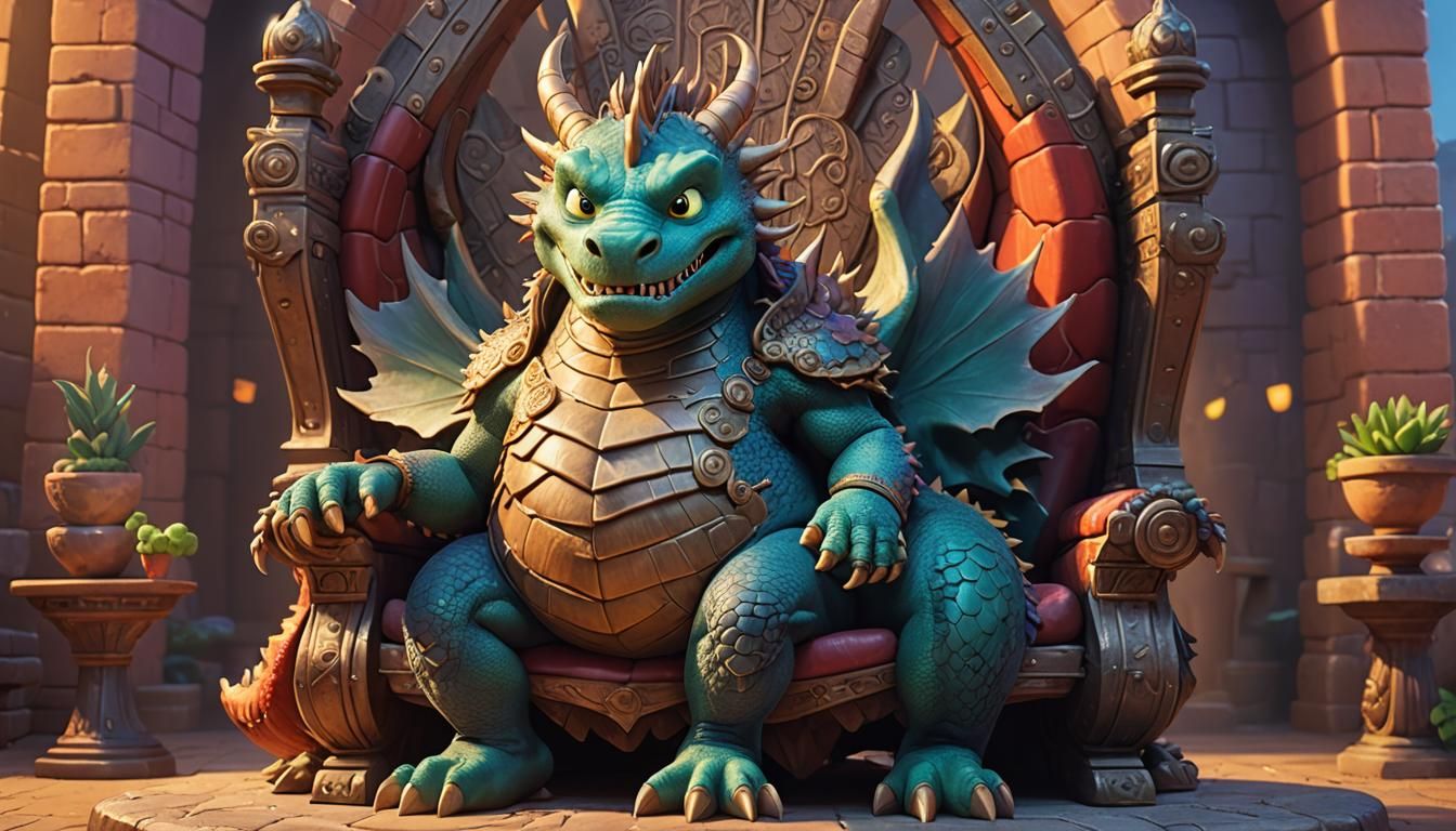 Humorous Dragon on Throne: Pixar-Style 3D Digital Art