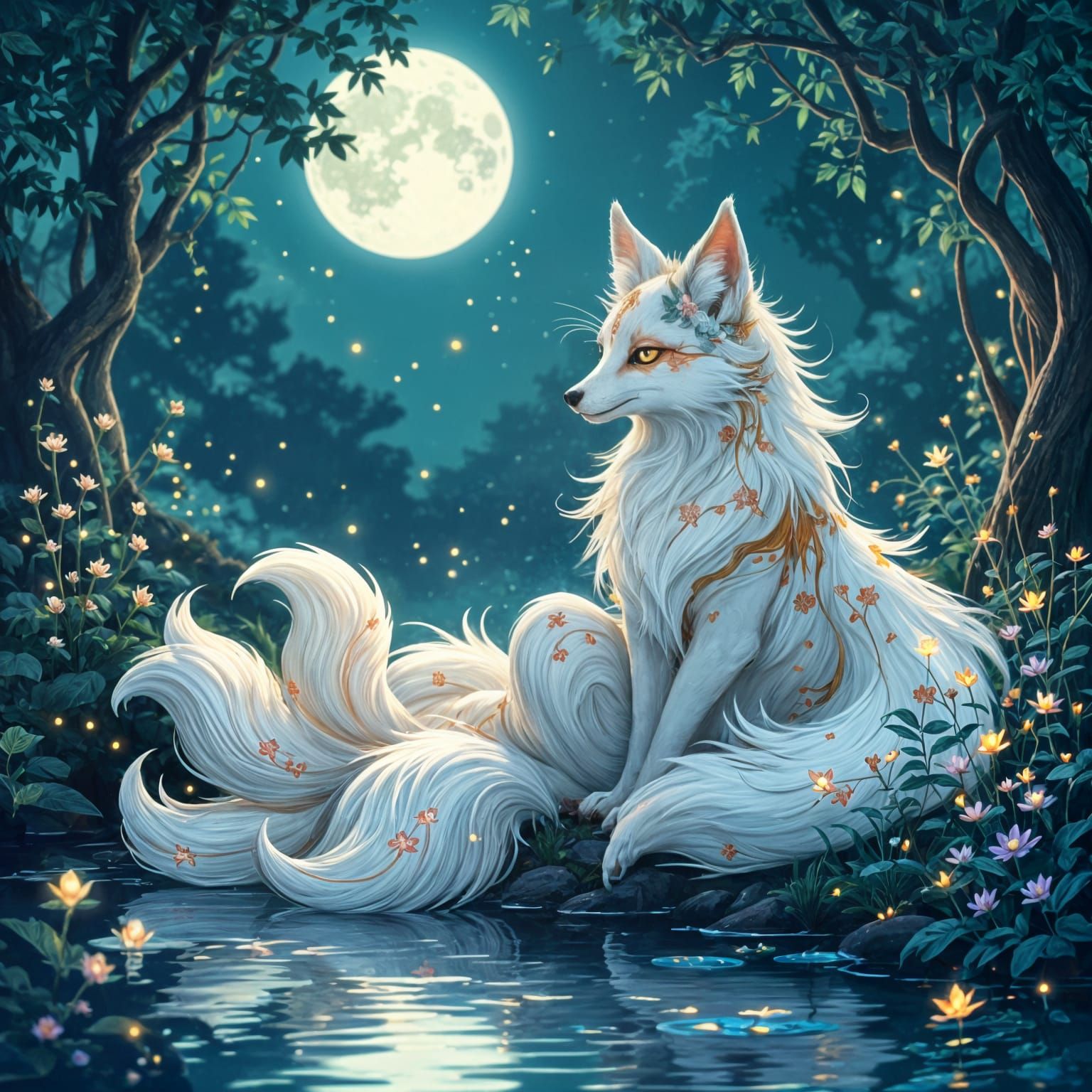 Enchanting Kitsune in Moonlit Garden, Art Nouveau Style
