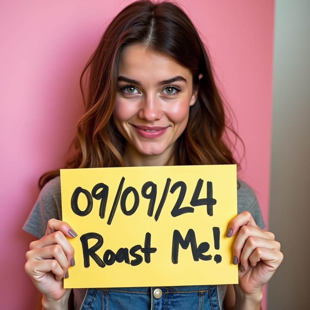 Playful Portrait of Woman Holding 'Roast Me' Sign