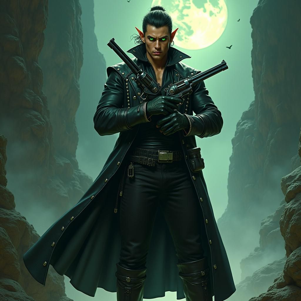 Elven Gunslinger in Noir Fantasy Landscape
