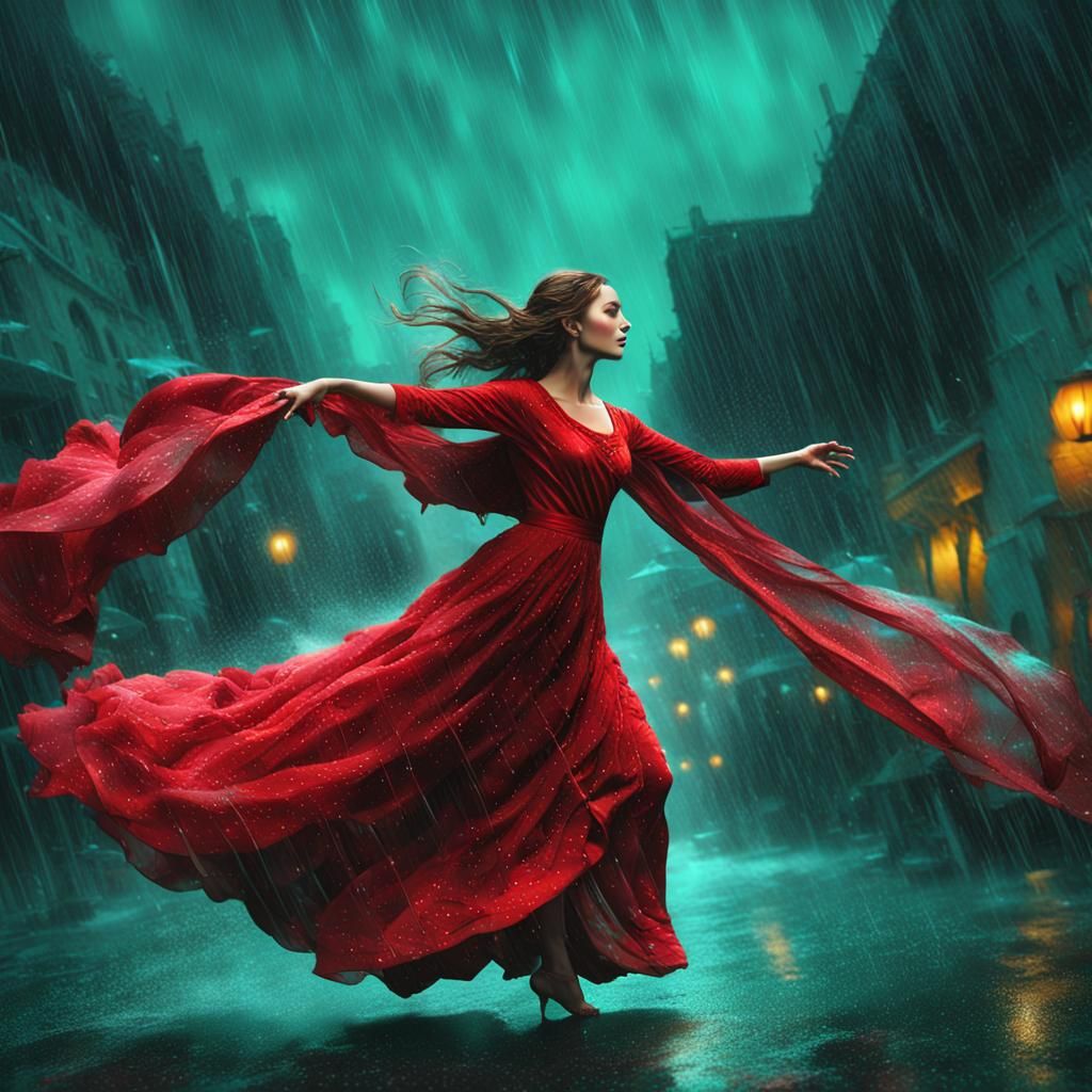 Lady in Red Dancing in the Rain