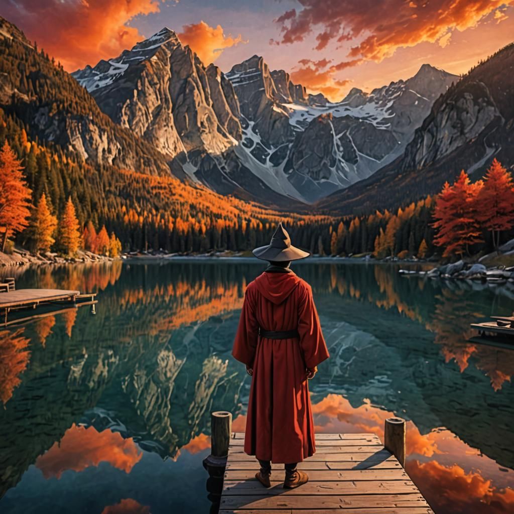 Wizard on Dock at Sunset with Autumn Colors