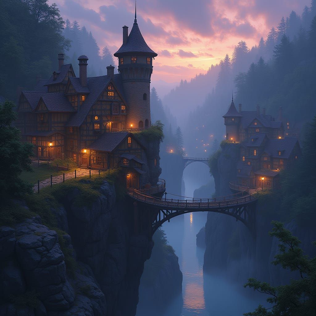 Medieval Cliffside Town in Ancient Forest