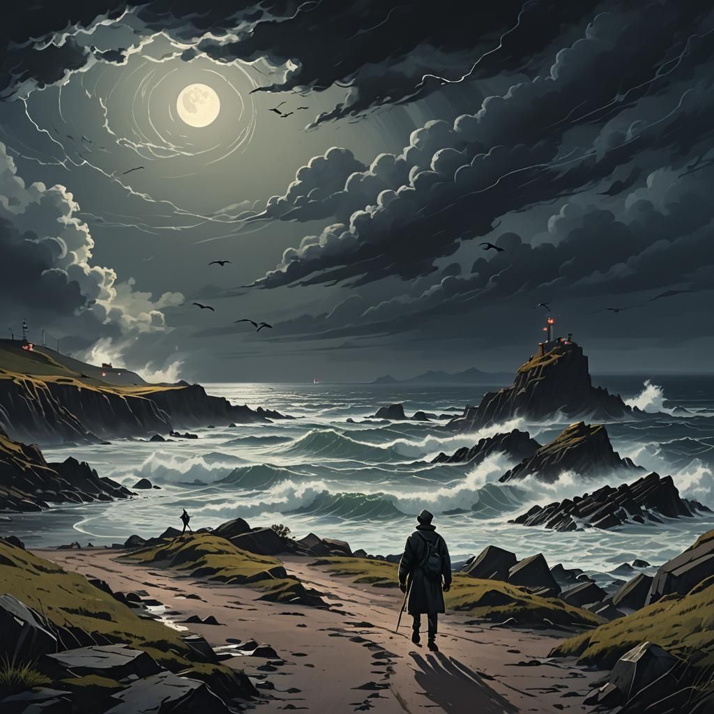 Stormy Coastal Path Silhouette in Dramatic Lighting
