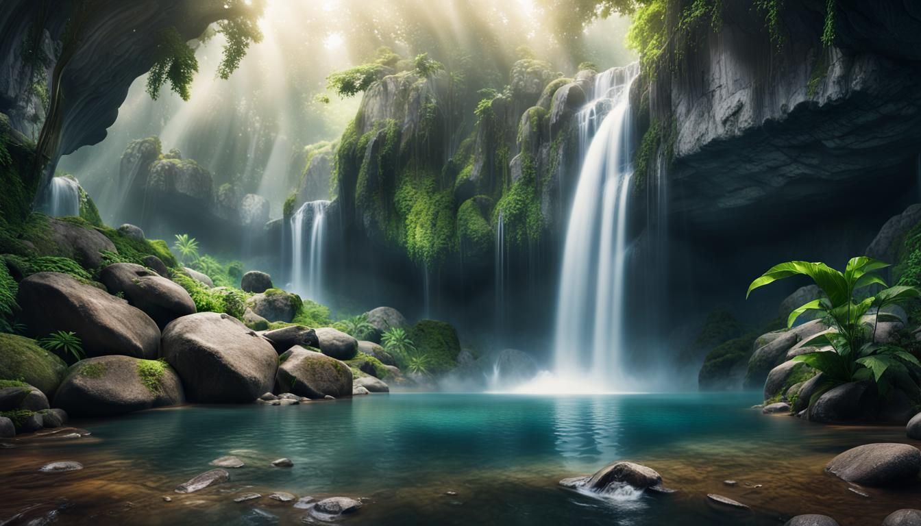 Majestic Waterfall in Hyperrealistic Digital Matte Painting