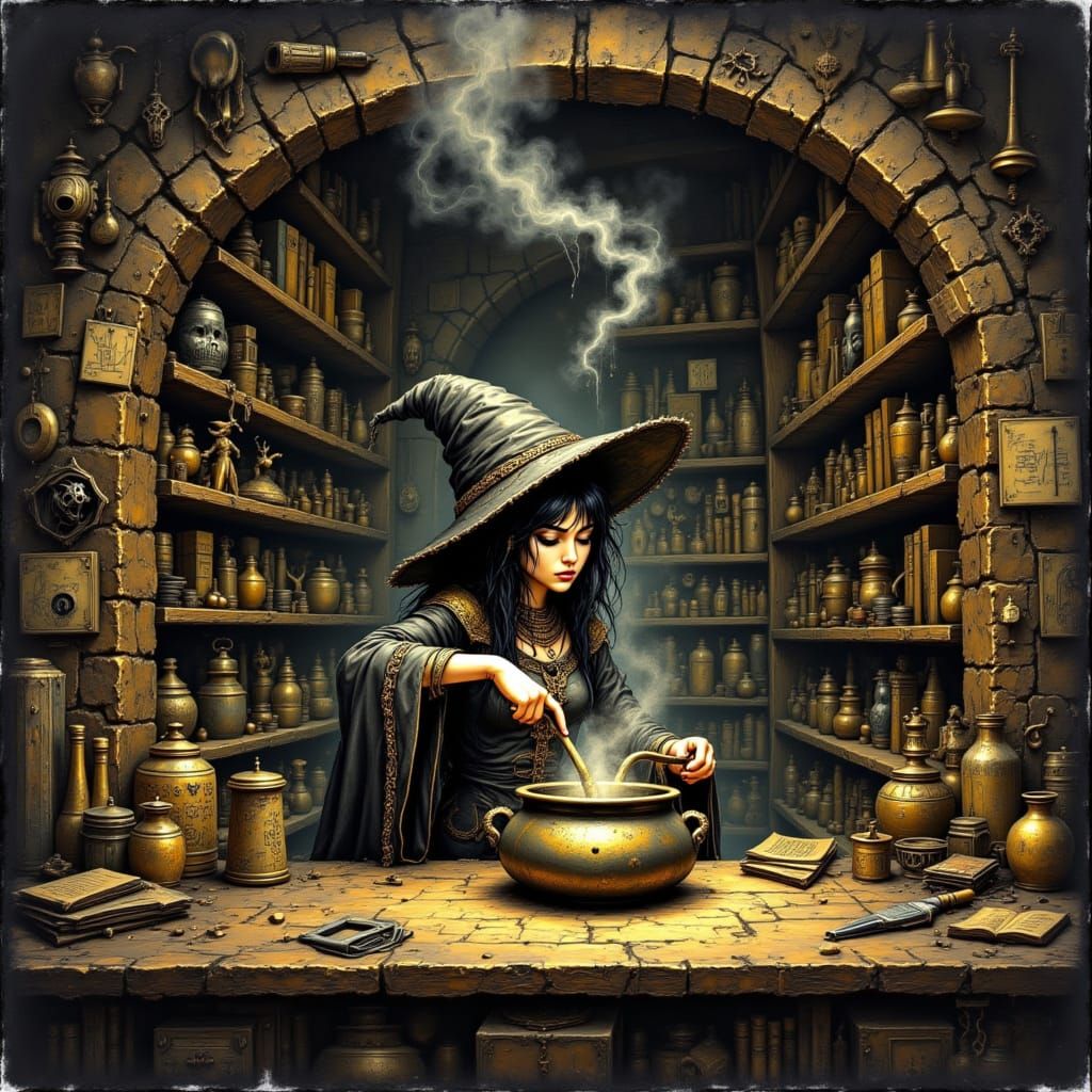 Mystical Witch Stirring Cauldron in Rustic Kitchen