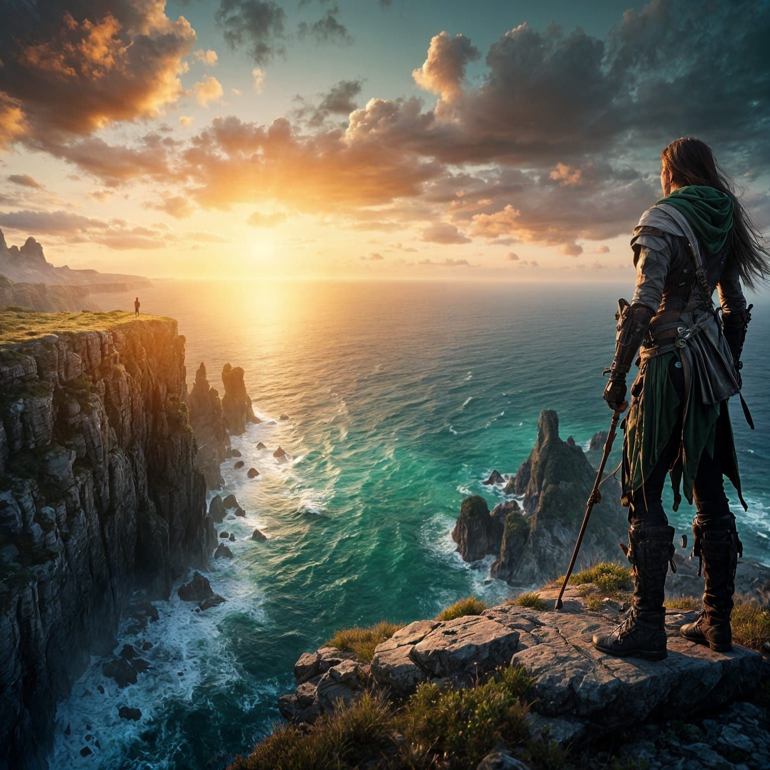 Cliffside Traveler at Emerald Ocean Sunset