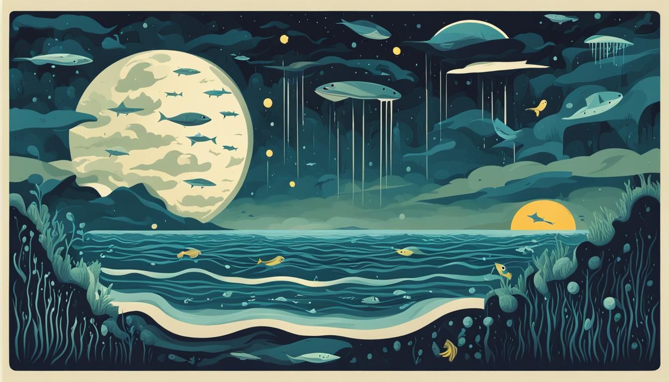 Stormy Moonlit Ocean with Bioluminescent Fish