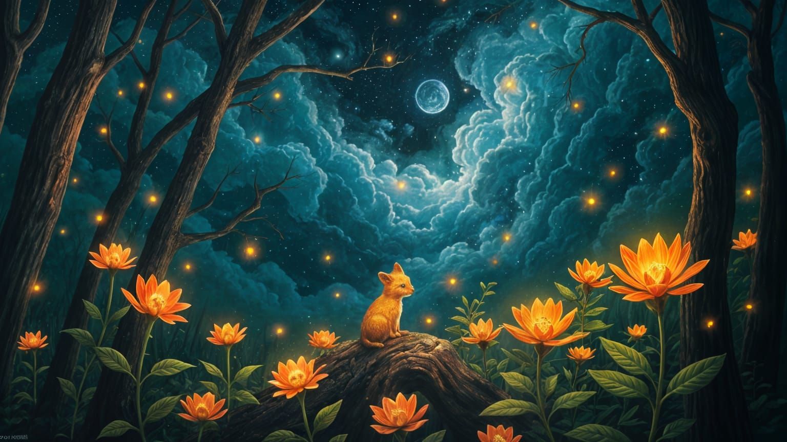 Glowing Creature in Starry Forest Oil Painting