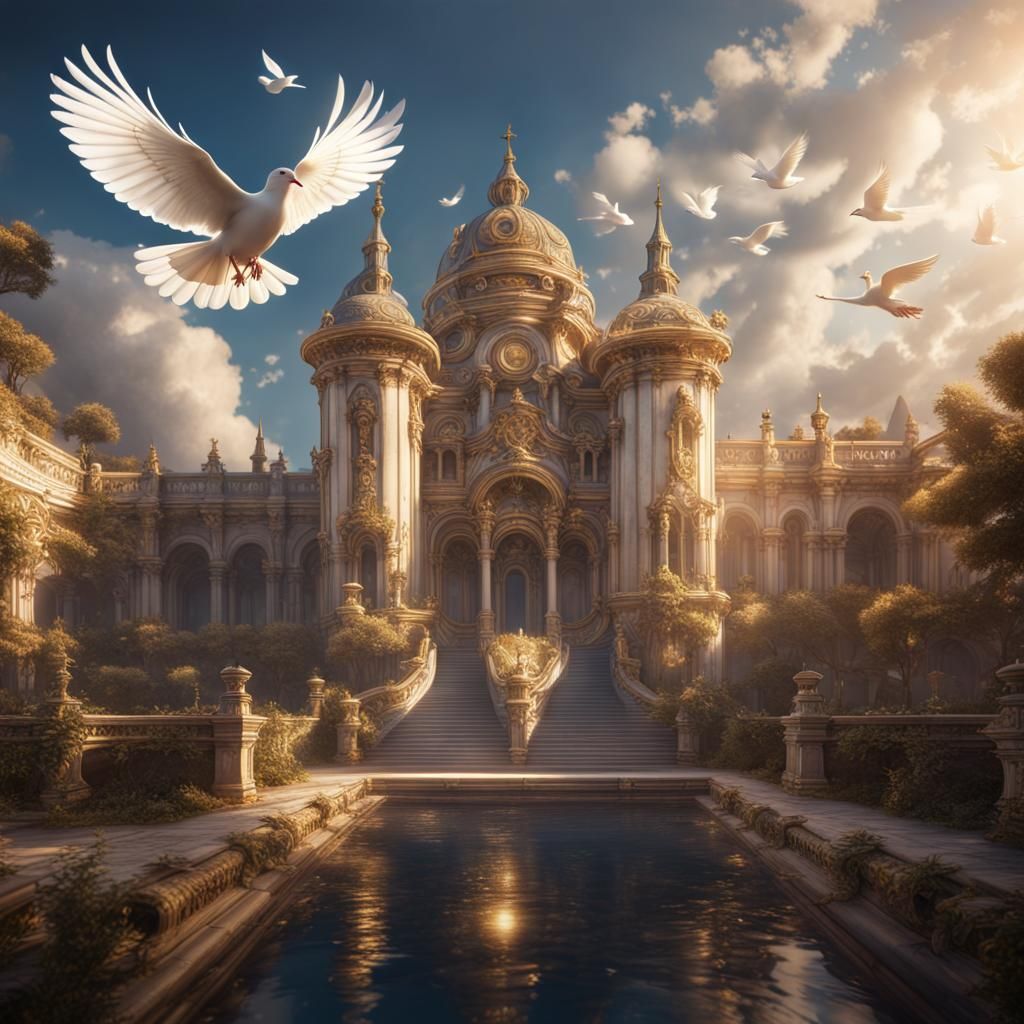 Heavenly Palace with White Dove: Fantasy Art