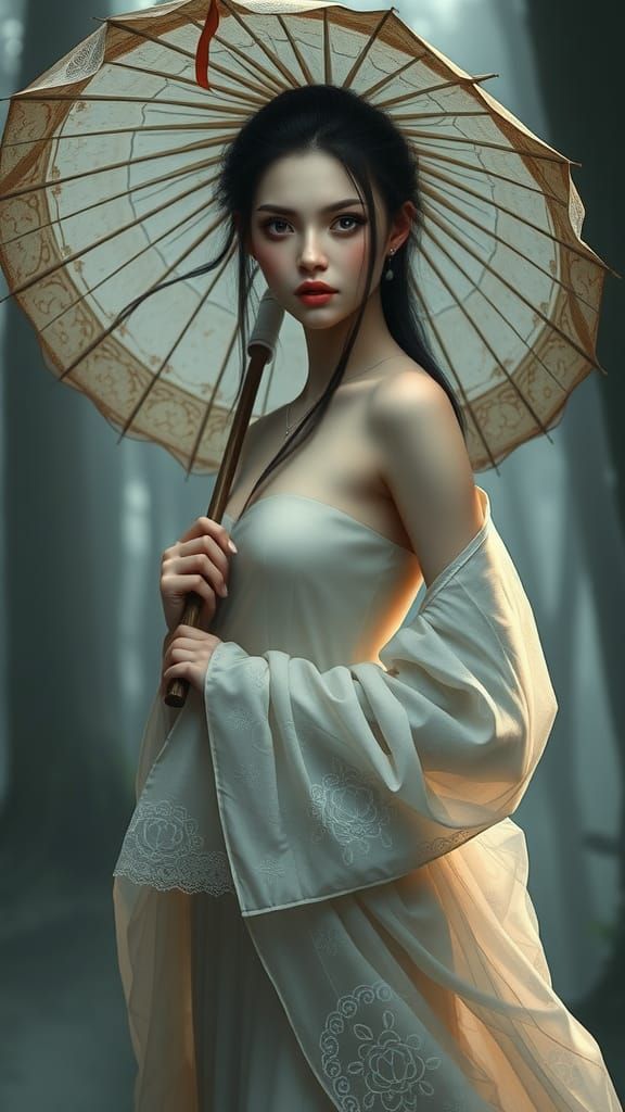 Ethereal Woman with Paper Umbrella in Misty Forest