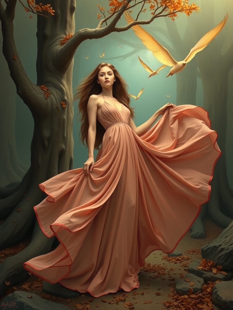 Dreamlike Woman in Mystical Forest, Art Nouveau Style
