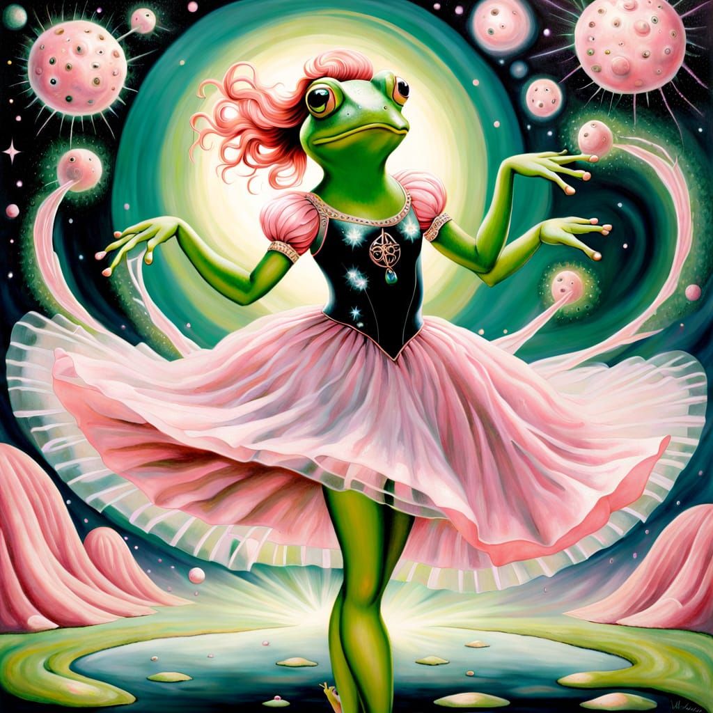 Green Frog Ballerina in Space, Pre-Raphaelite Style