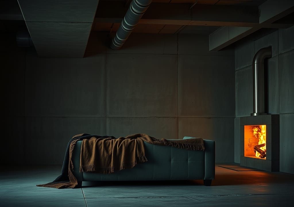 Brutalist Room with Fireplace in Warm Light