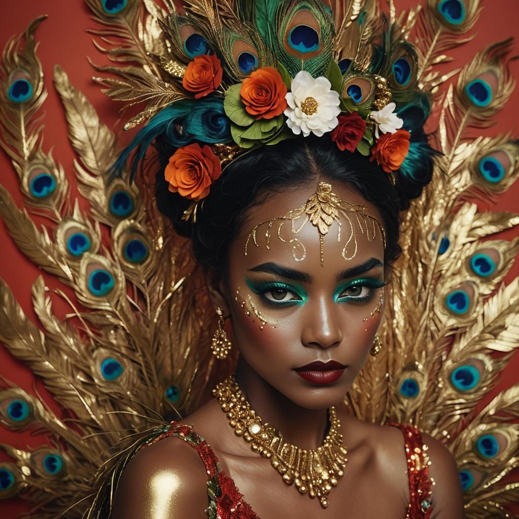 Golden Woman with Peacock Hair, Cinematic Portrait