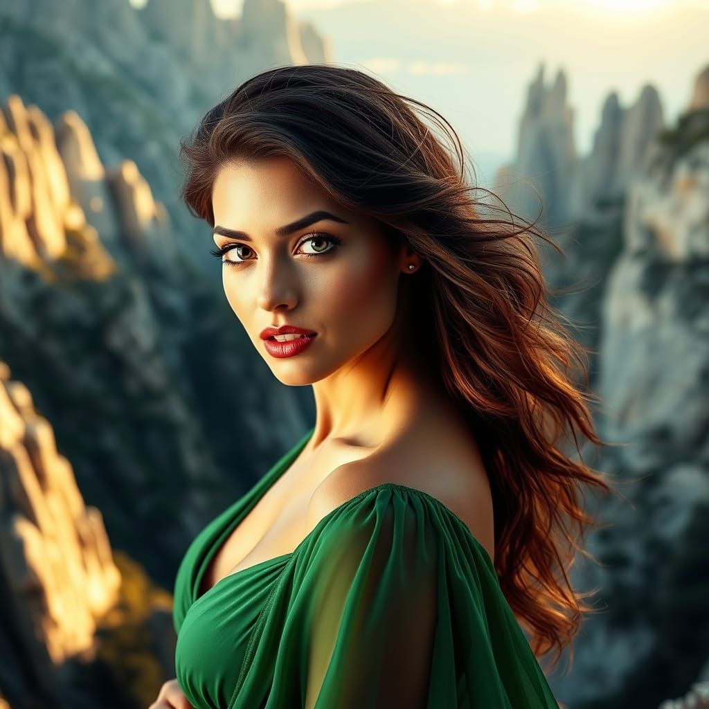 Majestic Woman Amidst Serene Green Hills