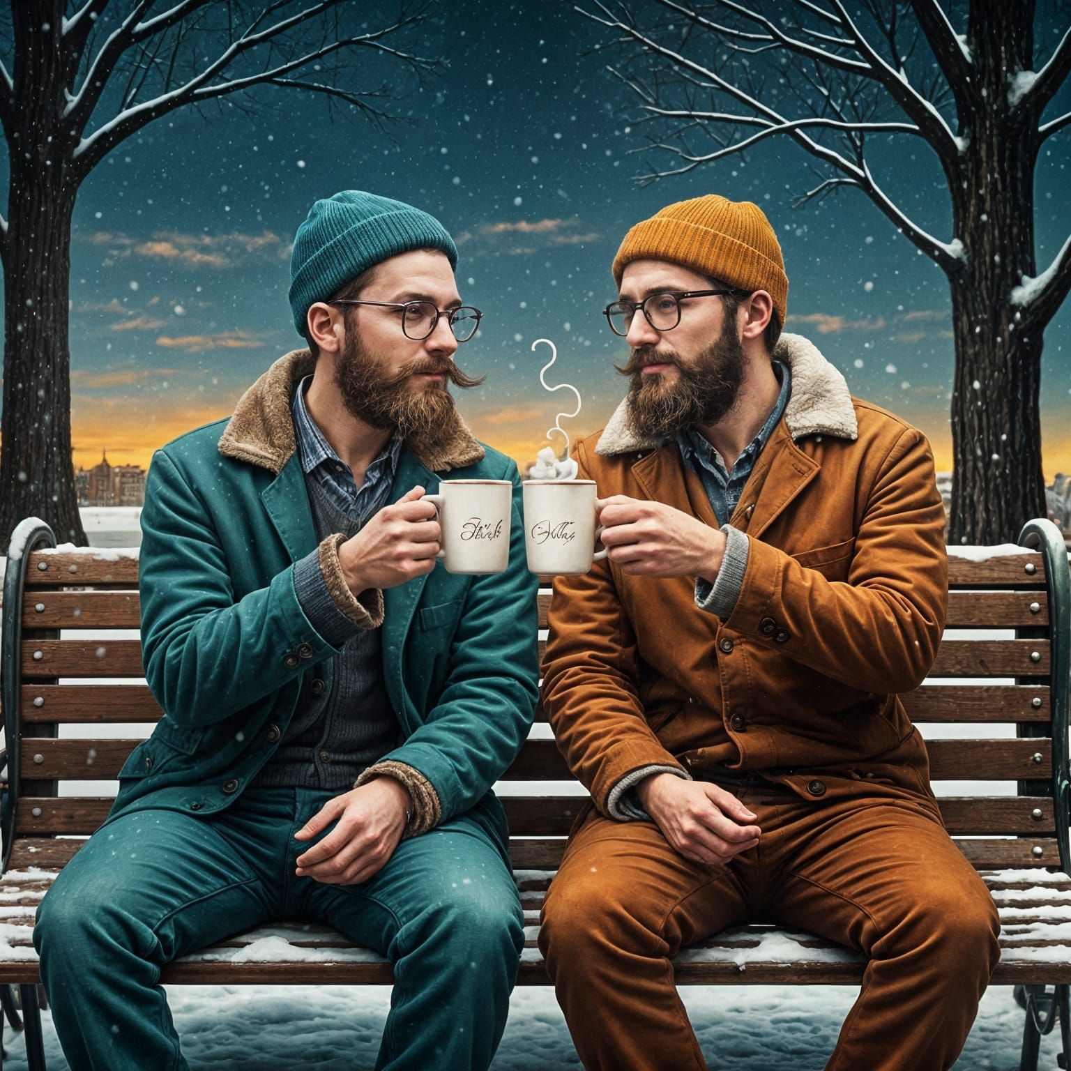 Hipsters Cheer Over Hot Chocolate in Surreal Snowy Scene