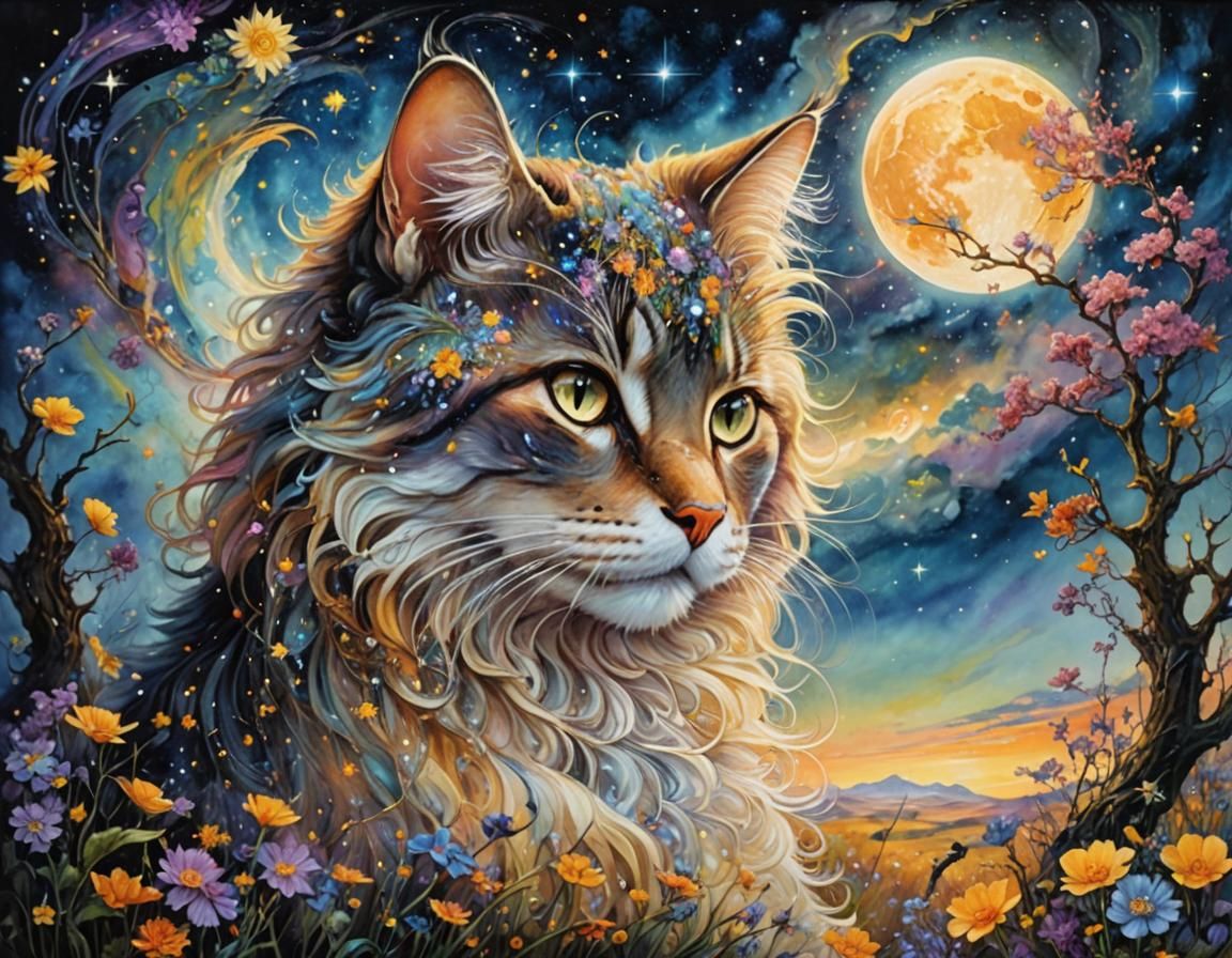 Cheery Cat Under Starry Sky, Dreamy Ethereal Art