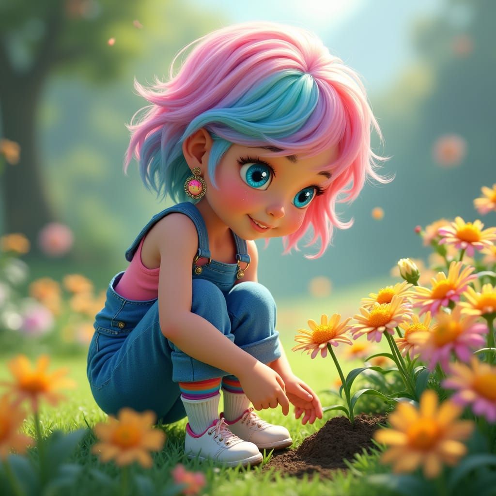 Whimsical Avatar Girl in Vibrant Wonderland