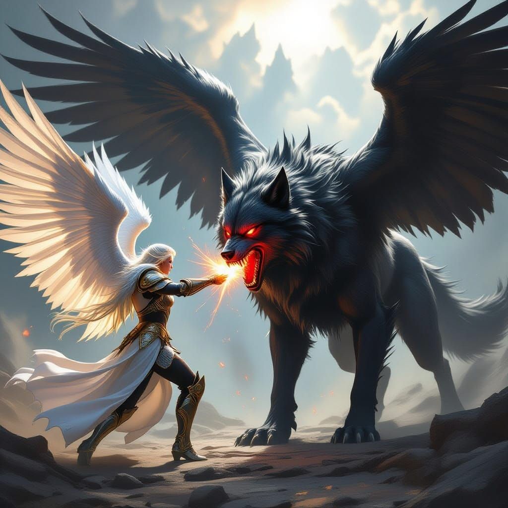 Celestial Warrior Battles Demonic Wolf in Epic Digital Art