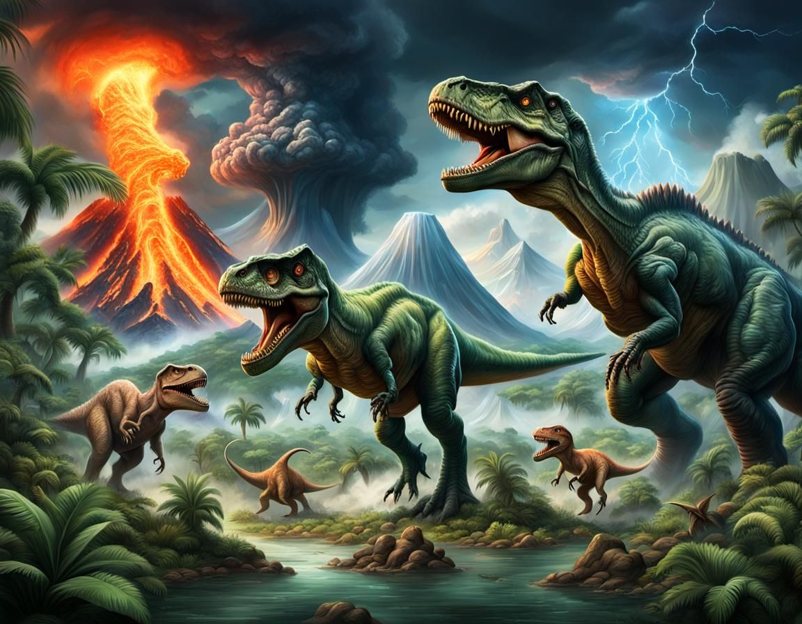 Volcano Erupting Lava and the Dinosaurs are Panicking