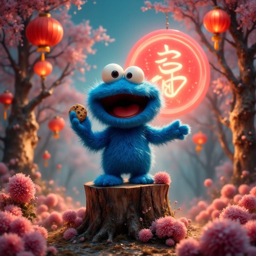 Cookie Monster Celebrates with Cookie Amidst Whimsical Flowe...