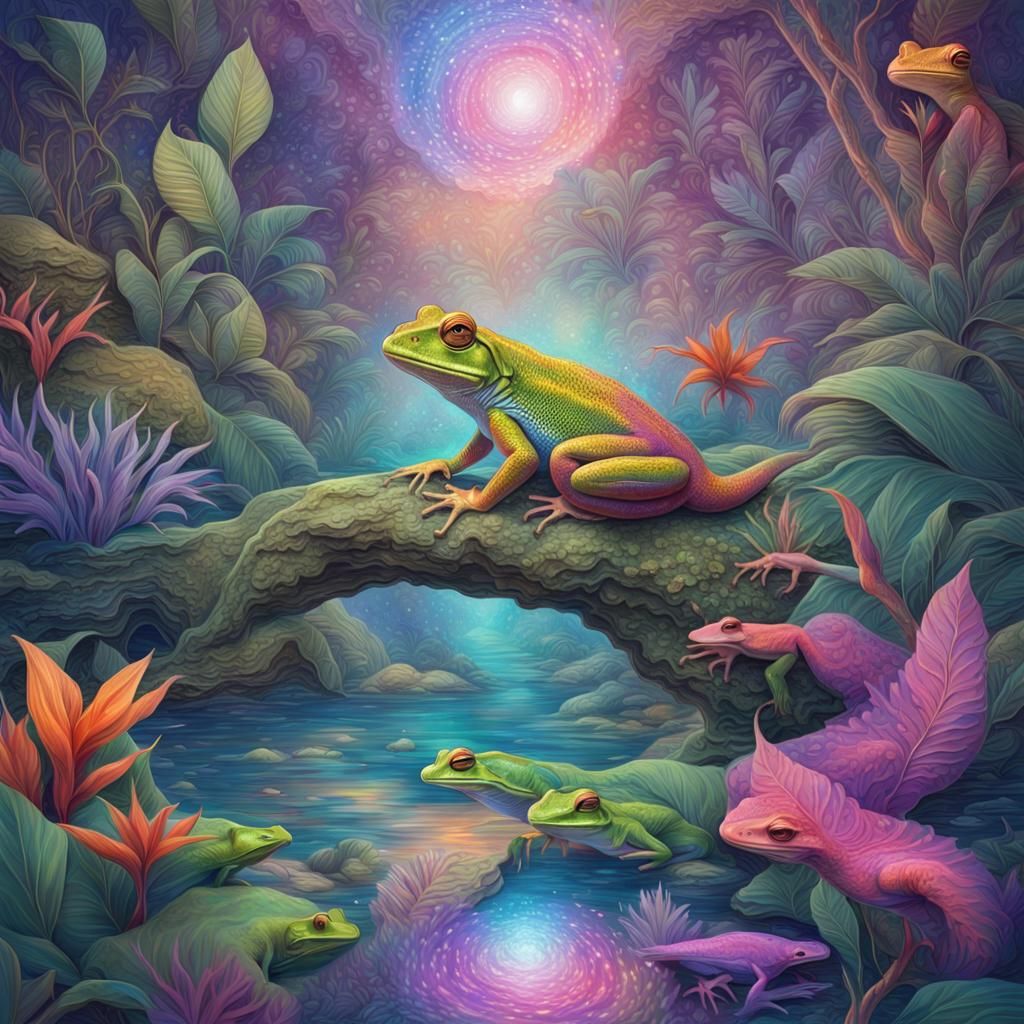 Pastel Reptiles in a Cosmic Jungle Oasis
