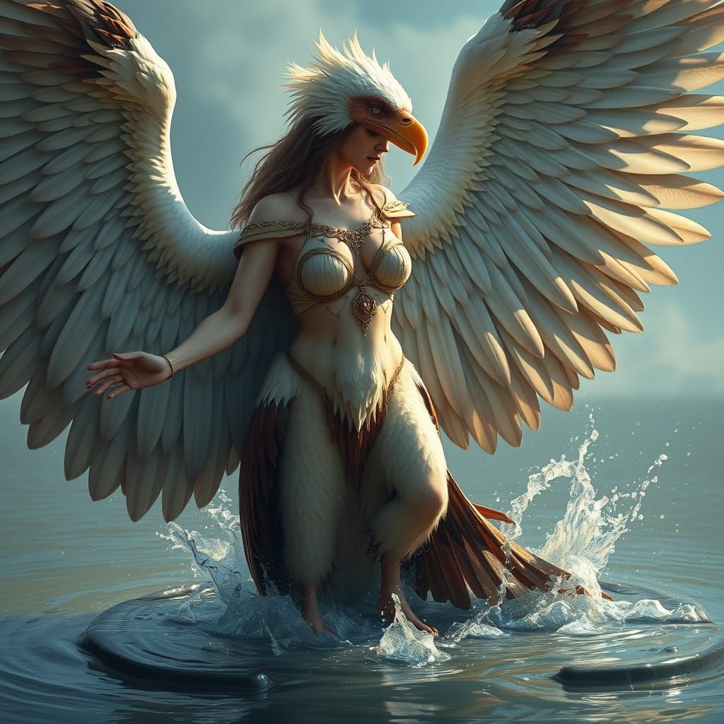 A Realistic Oil Painting of a Fantastical Harpy in a Giant B...