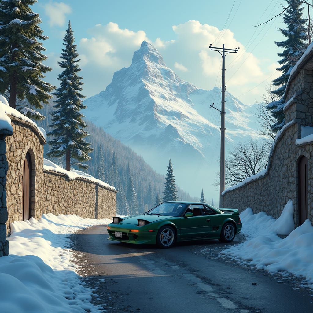 Emerald Toyota MR2 on Snowy Mountain Road