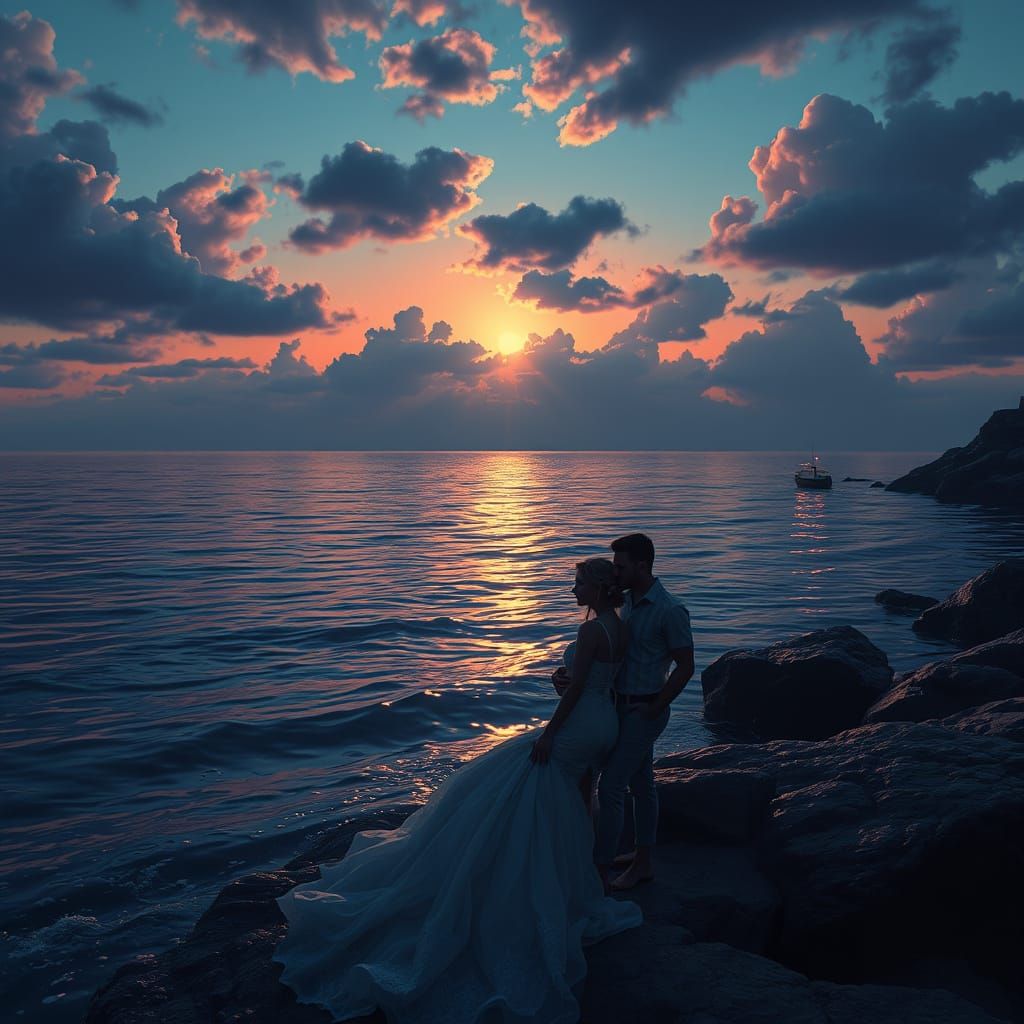 Romantic Couple Enjoying Summer Night: Detailed Matte Painti...