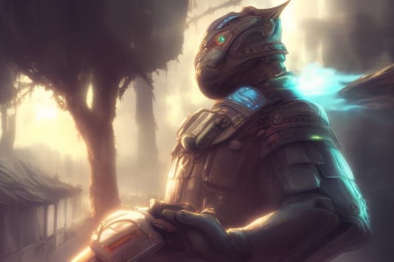 Hyperrealistic Anthropomorphic Owl at Computer in Graffiti S...