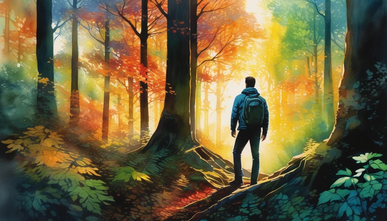 Man in Forest: Ink and Watercolor Art