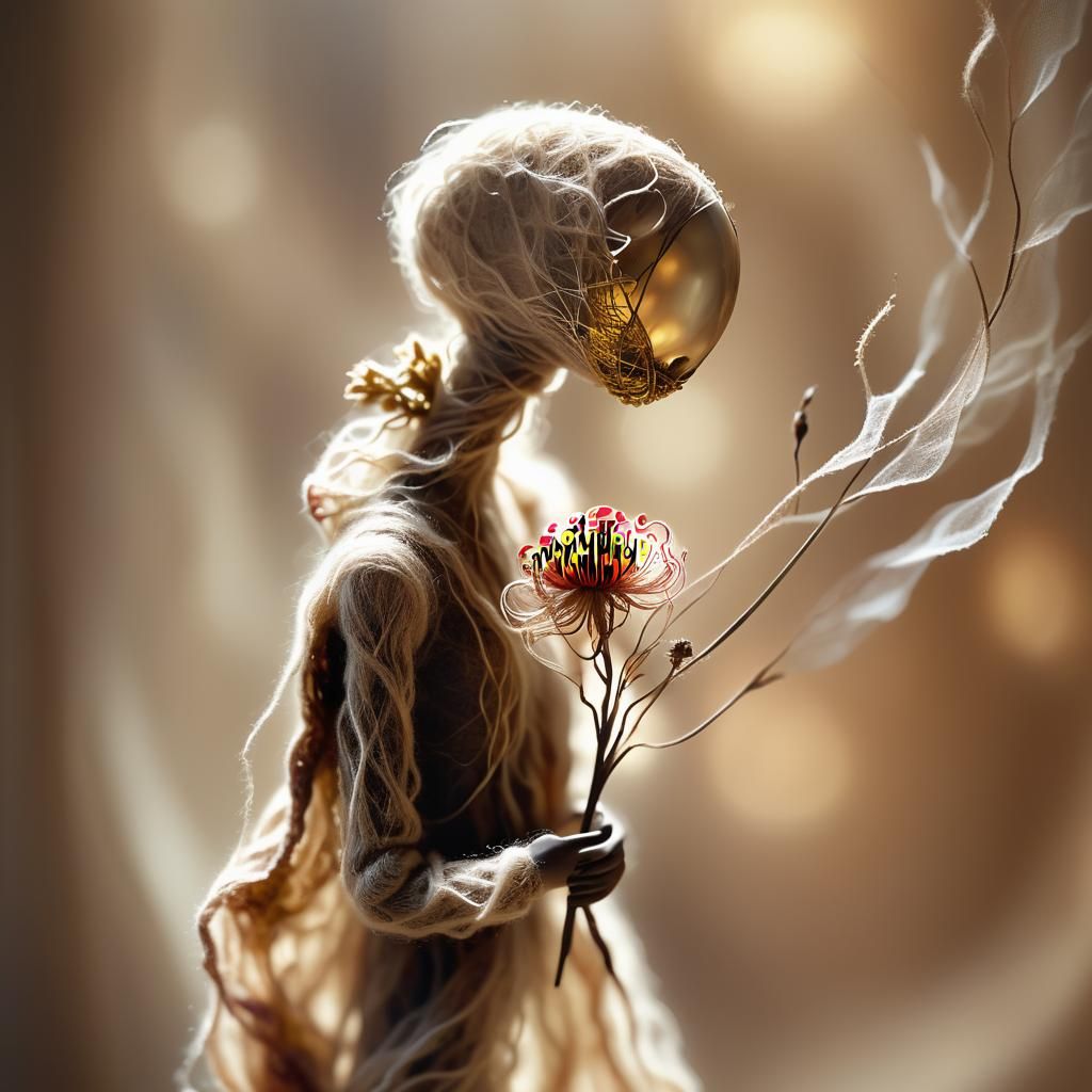 Ethereal Wool Creature with Flower Doll: Surreal Digital Art