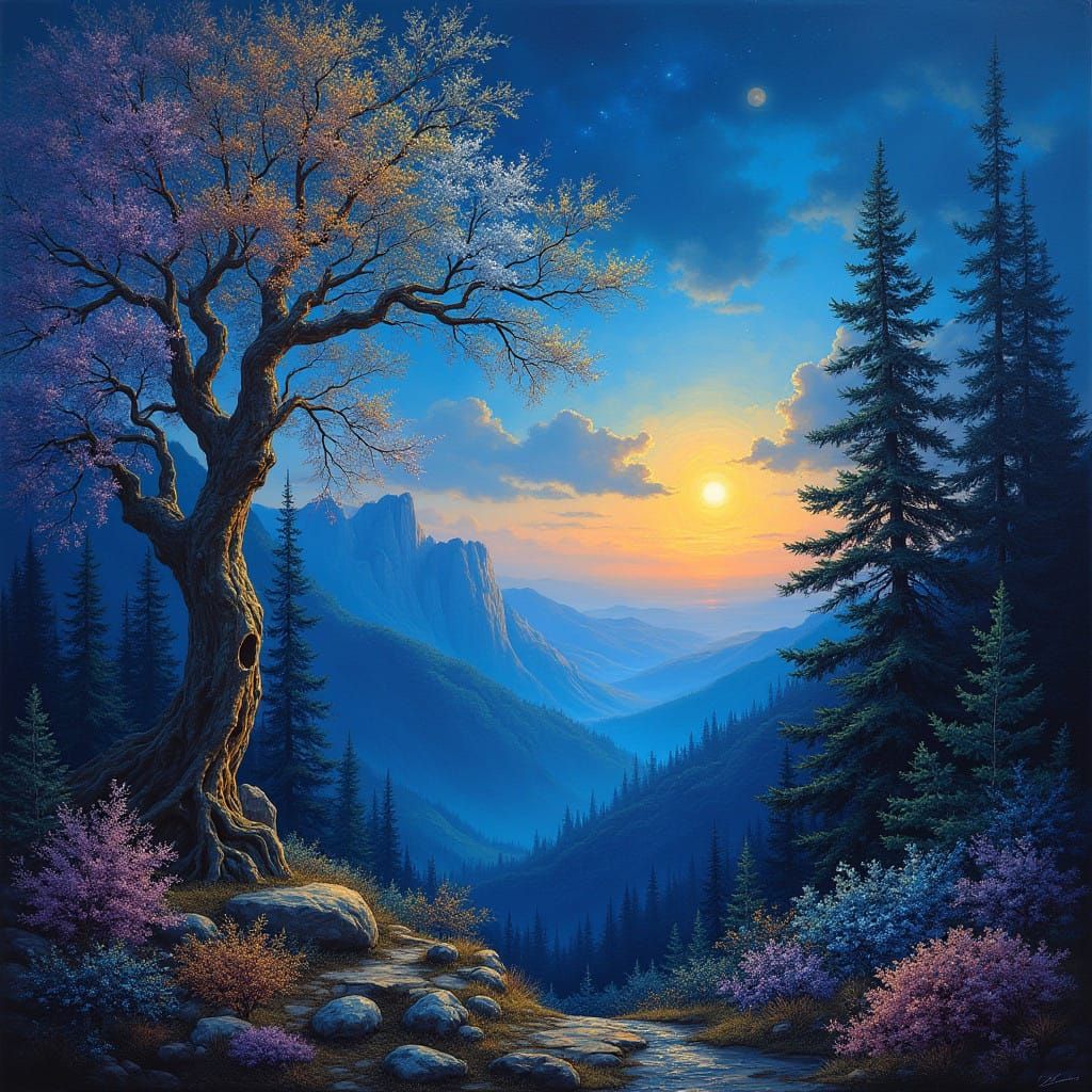 Ethereal Fantasy Realm Under Moonlit Blueshift