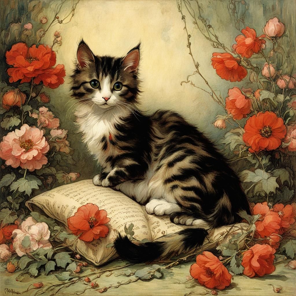 Cat Surrounded by Flowers in Golden Age Illustration