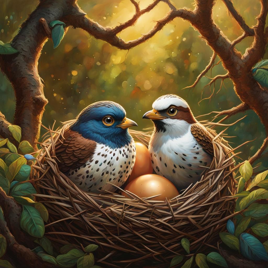 Anthropomorphic Sparrow Couple with Egg, Pixar Style