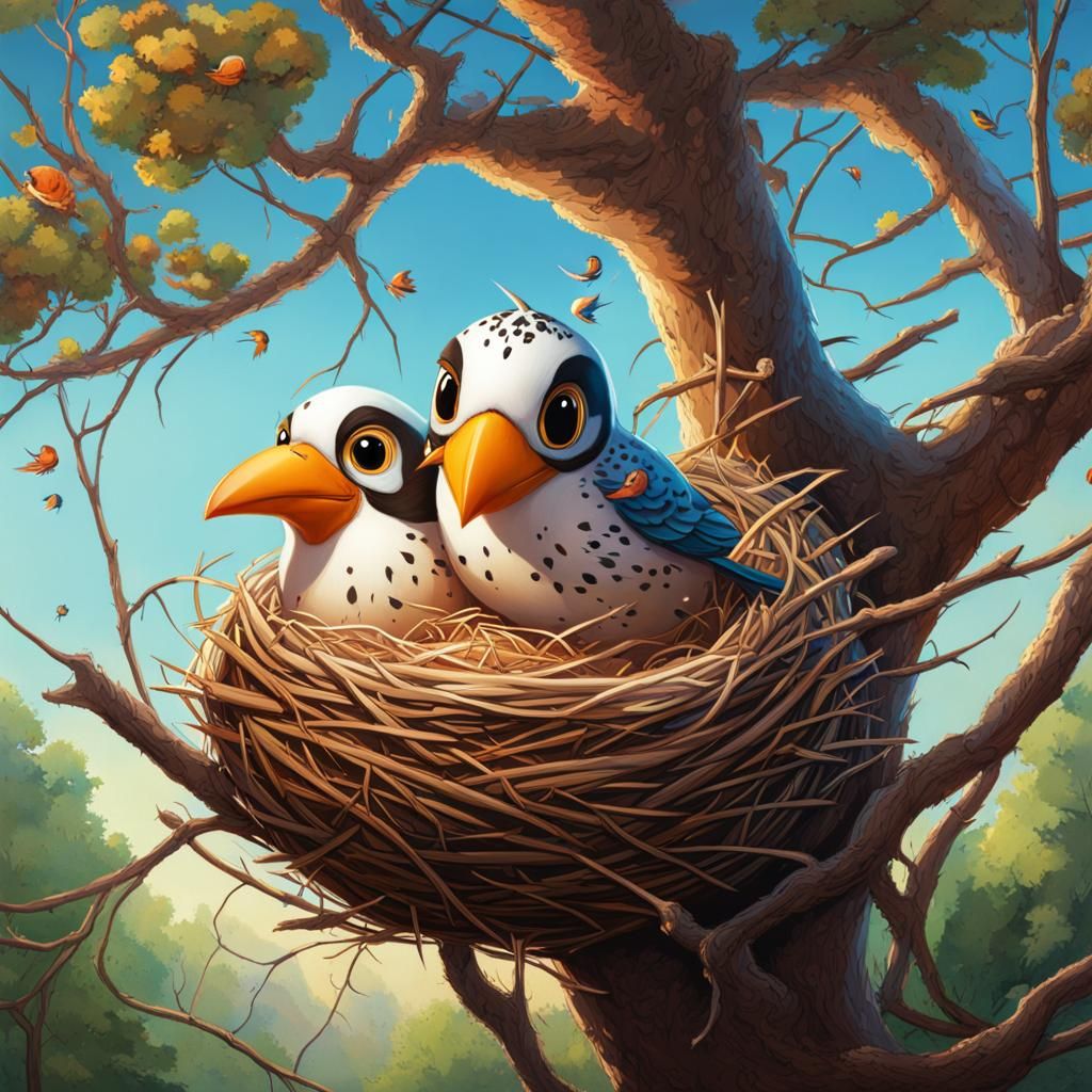 Anthropomorphic Sparrow Couple Overwhelmed in Hyperrealistic...