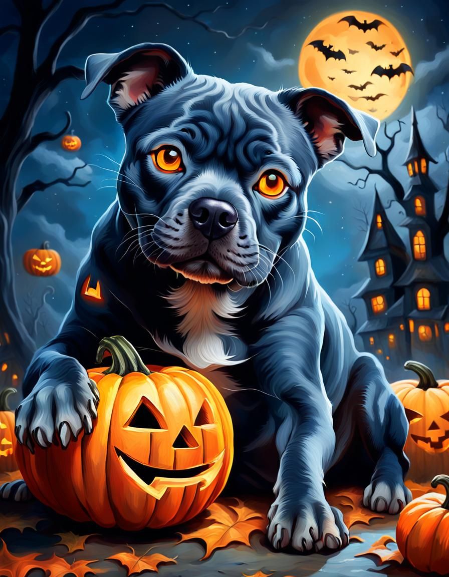 Blue Staffy and Jack-o-Lantern in Surreal Oil Painting