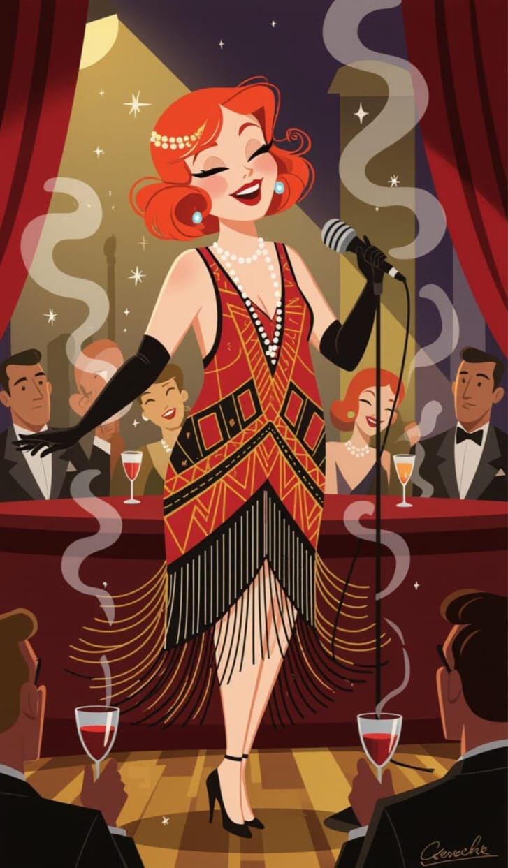 Cartoon Woman Sings in Smoky Jazz Club in 1920s Style