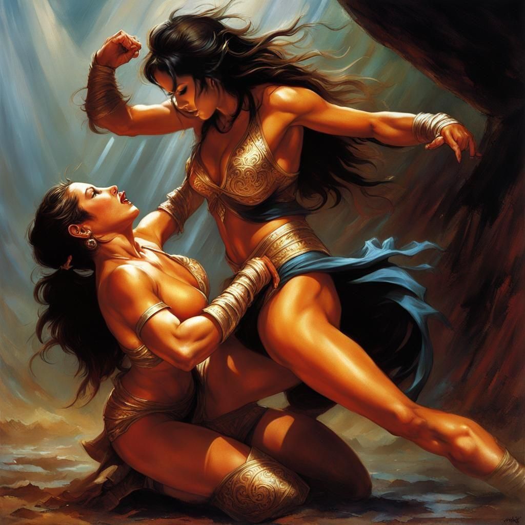 Two Women Wrestling in a Pit, Fantasy Art