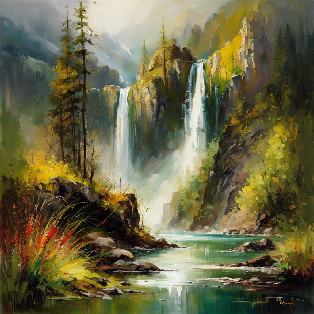 Dramatic Waterfall Painting in Mountain Landscape