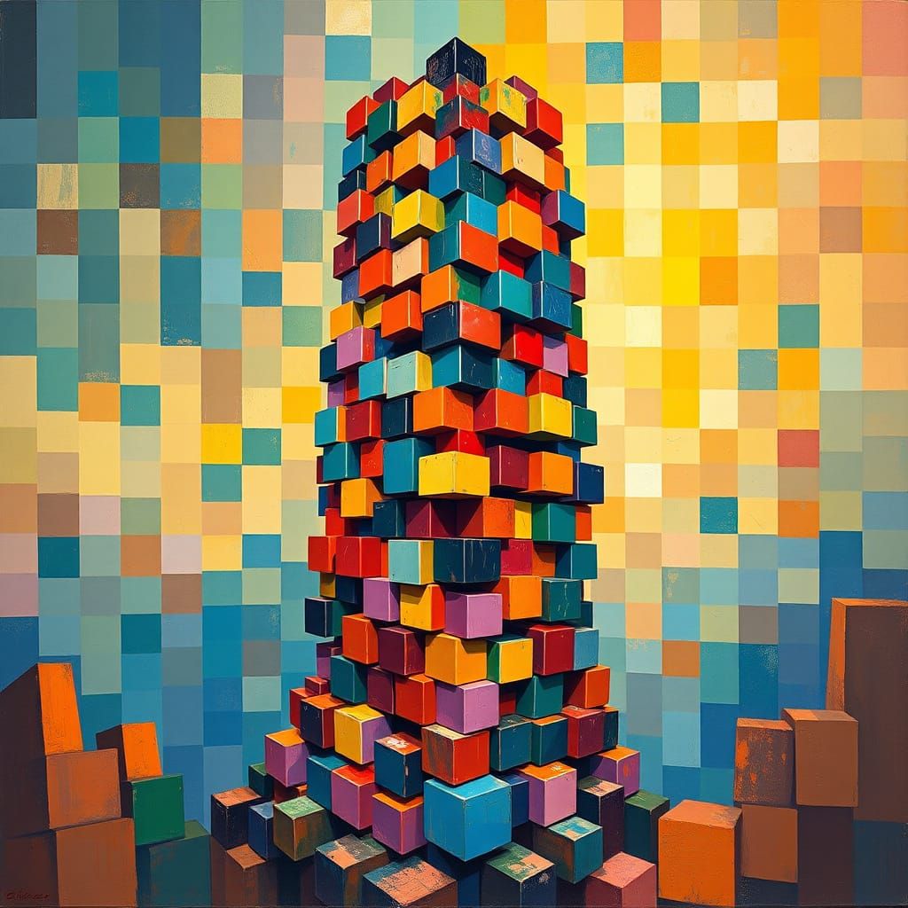 Vibrant Cubist Tower in Abstract Background