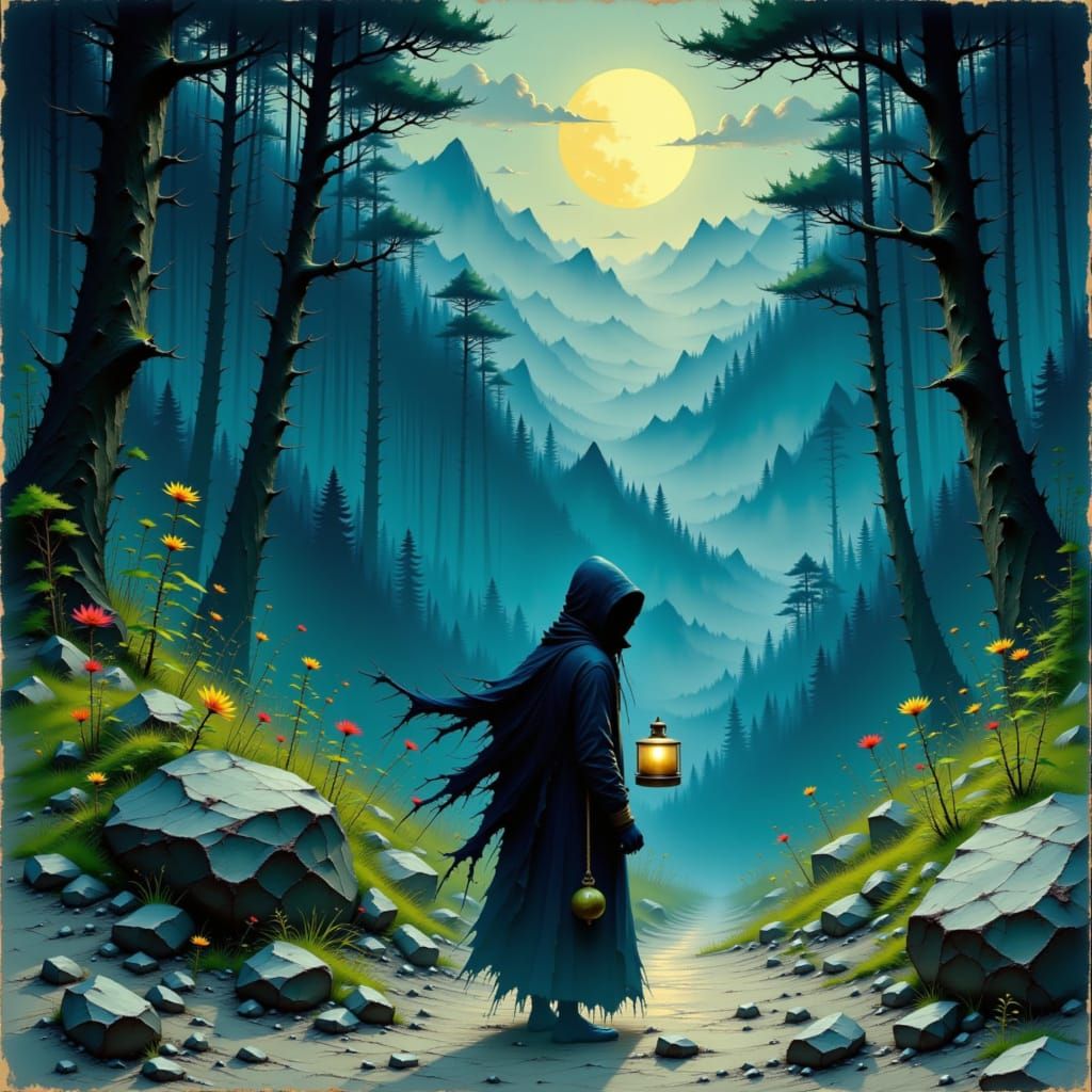 Hooded Figure in Kusazumigoe Woods, Ukiyo-e Style