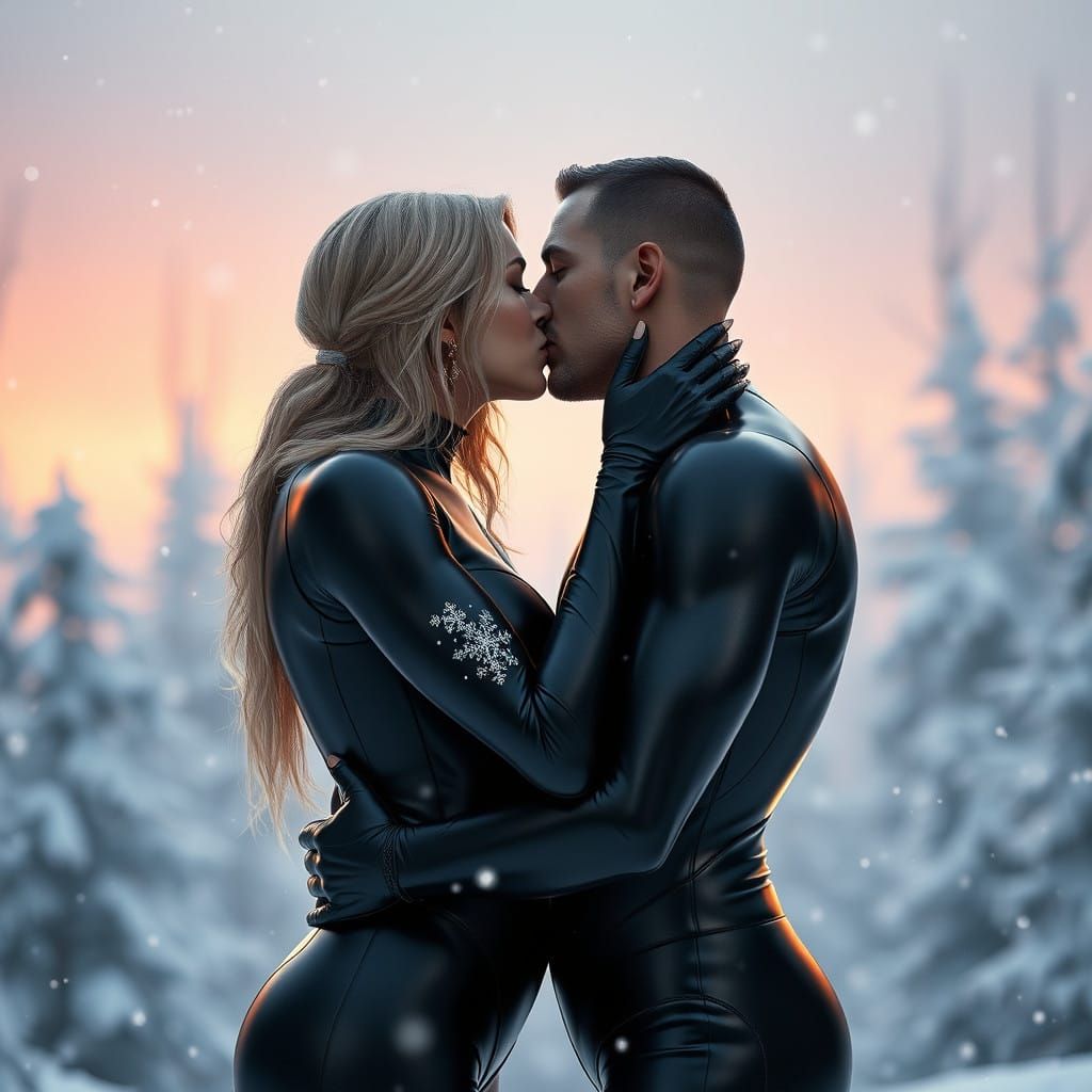 Middle-Aged Couple in Love, Embracing in Black Latex Catsuit...